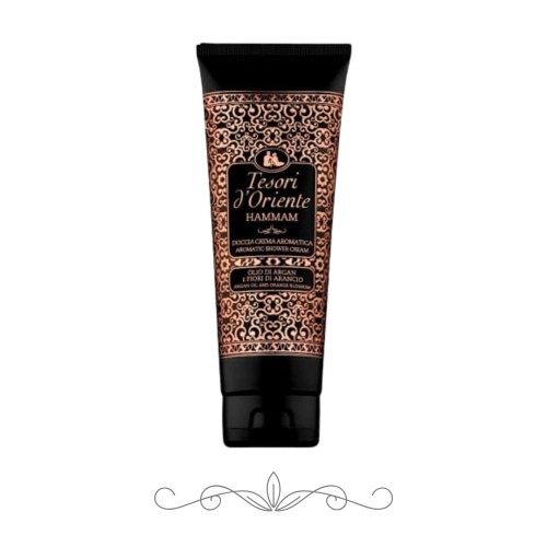 Tesori d'Oriente Hammam żel pod prysznic 250 ml - czarna tuha z ozdobnym, beżowym wzorem, widok frontalny na białym tle.
