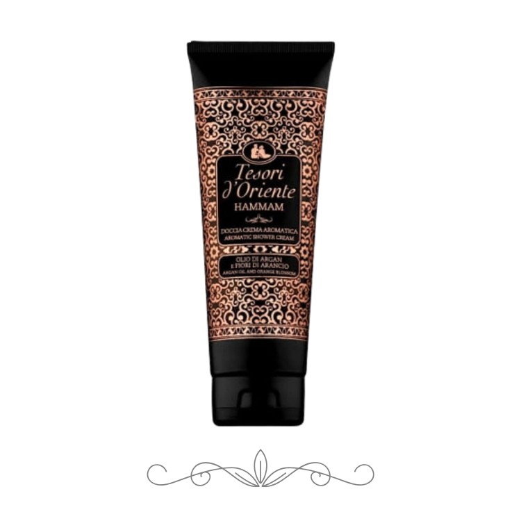 Tesori d'Oriente Hammam żel pod prysznic 250 ml - czarna tuha z ozdobnym, beżowym wzorem, widok frontalny na białym tle.