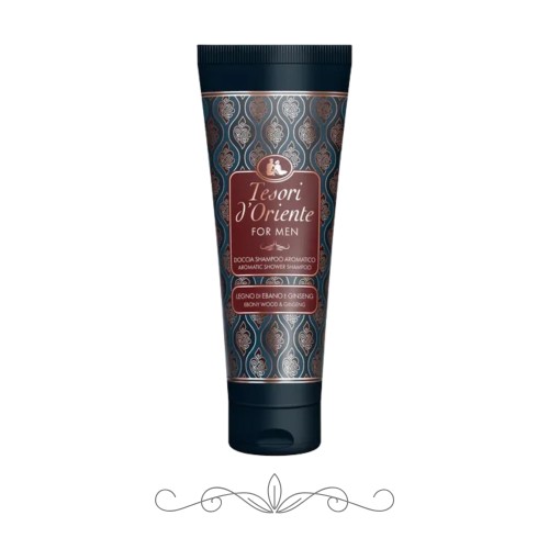 Tesori d'Oriente żel pod prysznic Legno di Ebano e Ginseng For Men - tubo 250 ml, widok frontalny z orientalnym wzorem na opakowaniu.