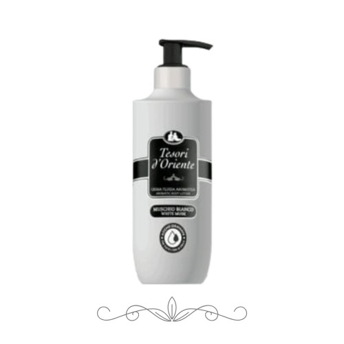 Tesori d'Oriente Muschio Bianco balsam do ciała 400ml - biała butelka z czarną pompką, widok z przodu na białym tle