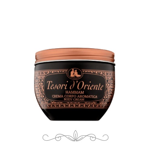 Tesori d'Oriente Hammam krem do ciała 300ml - czarna pojemnik z miedzianym korkiem, widok frontalny opakowania.