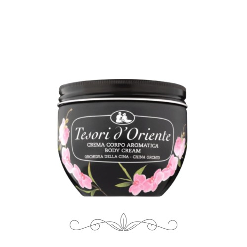 Tesori d'Oriente krem do ciała Chinese Orchid 300 ml - czarne opakowanie słoika z różowymi kwiatami orchidei, widok frontalny.