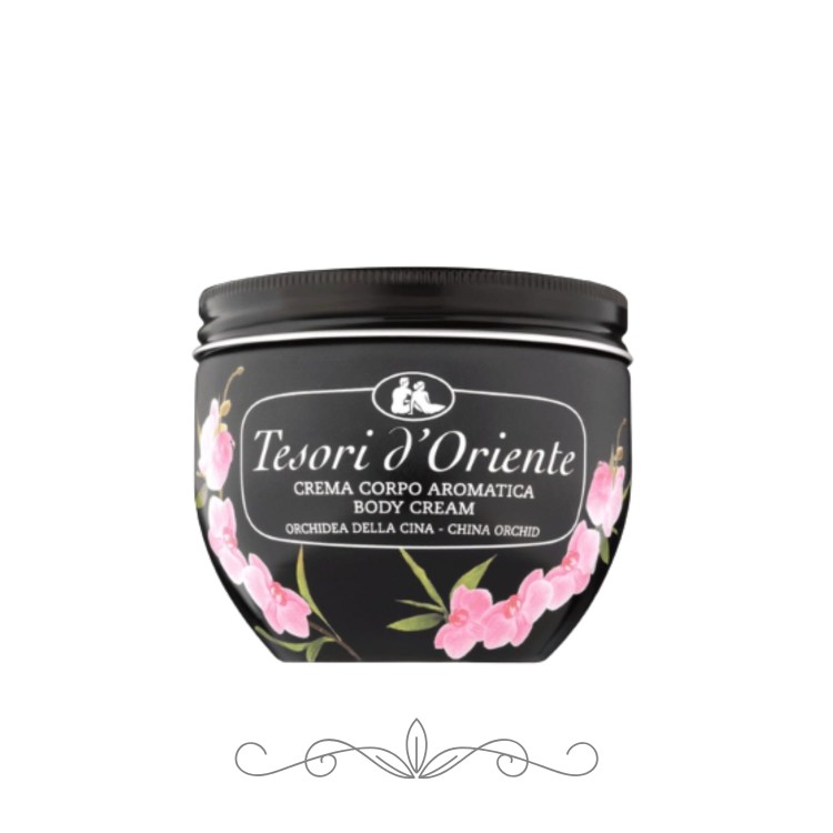 Tesori d'Oriente krem do ciała Chinese Orchid 300 ml - czarne opakowanie słoika z różowymi kwiatami orchidei, widok frontalny.