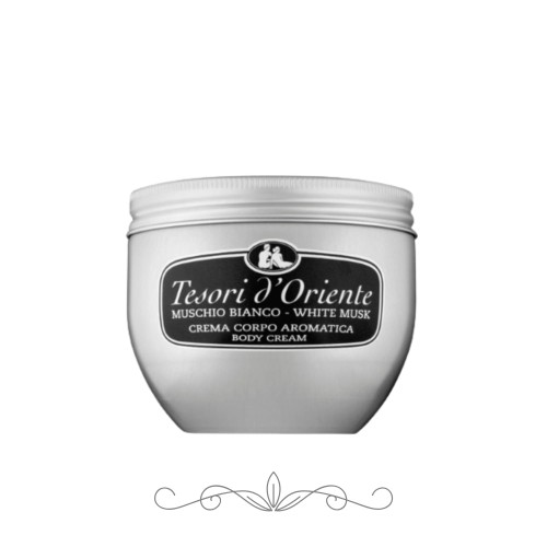 Tesori d'Oriente Muschio Bianco krem do ciała 300 ml - srebrne opakowanie słoika z etykietą, widok frontalny na białym tle.