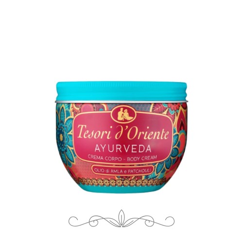 Tesori d'Oriente Ayurveda krem do ciała 300 ml - opakowanie z turkusowym wikiem i ornamentacyjną etykietą w odcieniach różu i błękitu, widok frontalny.