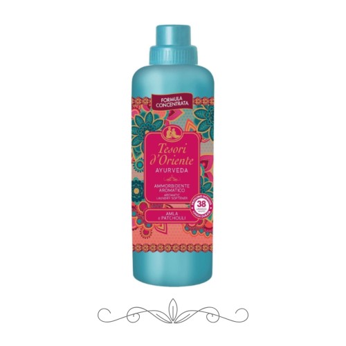 TESORI Ayurveda płyn do płukania tkanin 760 ml – orientalny zapach paczuli, różowego pieprzu i ambry. Miękkość, łatwość prasowania i długotrwała świeżość ubrań. Bezpieczny dla wszystkich tkanin, wydajny i luksusowy płyn
