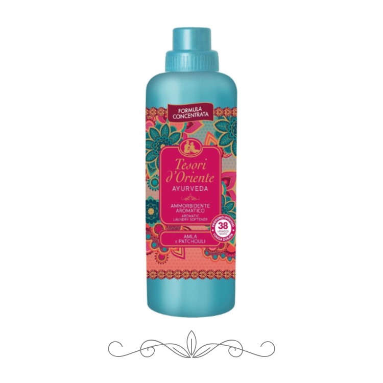 TESORI Ayurveda płyn do płukania tkanin 760 ml – orientalny zapach paczuli, różowego pieprzu i ambry. Miękkość, łatwość prasowania i długotrwała świeżość ubrań. Bezpieczny dla wszystkich tkanin, wydajny i luksusowy płyn
