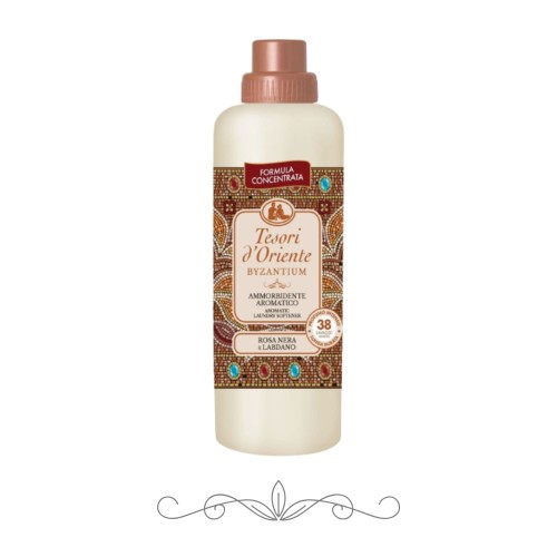 TESORI Byzantium płyn do płukania tkanin 760 ml to luksusowy preparat o orientalnym zapachu czarnej róży i labdanum, zapewniający miękkość, łatwiejsze prasowanie oraz długotrwałą świeżość tkanin