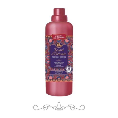 Luksusowy płyn do płukania tkanin TESORI Persian Dream 760 ml, z orientalnym zapachem drzewa sandałowego, ambry i wanilii. Zapewnia miękkość, świeżość i długotrwały aromat na ubraniach. Idealny do delikatnych i codziennych tkanin.