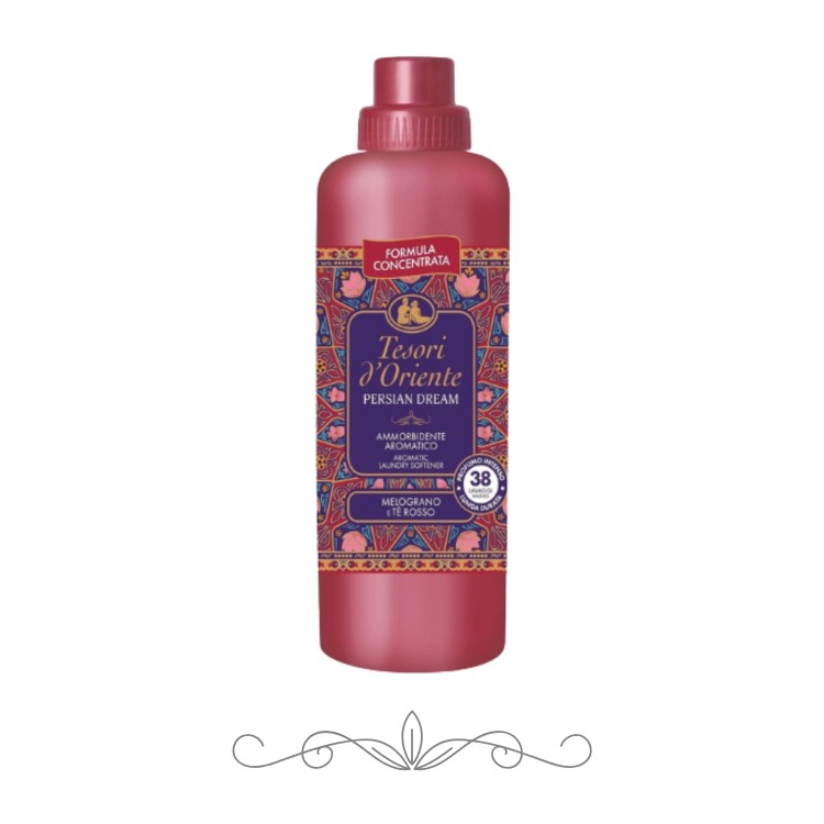 Luksusowy płyn do płukania tkanin TESORI Persian Dream 760 ml, z orientalnym zapachem drzewa sandałowego, ambry i wanilii. Zapewnia miękkość, świeżość i długotrwały aromat na ubraniach. Idealny do delikatnych i codziennych tkanin.