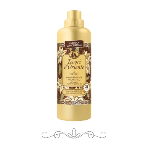 Płyn do płukania tkanin TESORI Vanilla &amp; Ginger 760 ml zapewnia miękkość, ułatwia prasowanie i długo pachnie wanilią z nutą imbiru. Idealny do codziennego prania, chroni włókna i nadaje tkaninom elegancki zapach