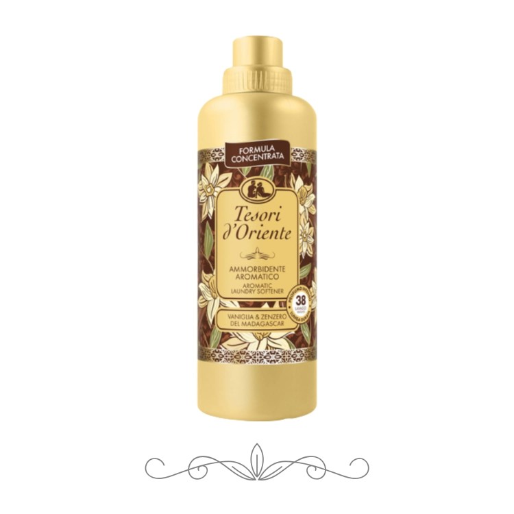 Tesori d'Oriente Vaniglia e Zenzero skoncentrowany płyn do płukania tkanin 760ml - złota butelka z etykietą w kolorze brązu i kremowym, widok frontalny na białym tle.