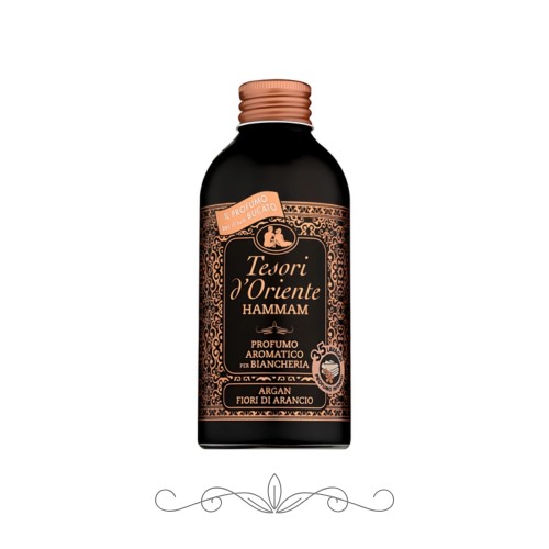 Tesori d'Oriente Hammam perfumy do prania - butelka 250 ml z czarnym opakowaniem, miedzianym korkiem, widok frontalny na białym tle.