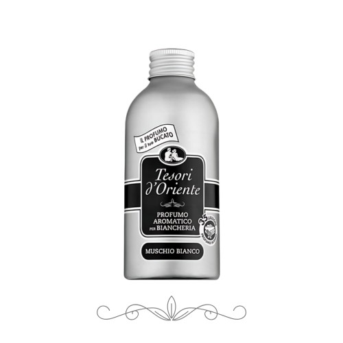 Tesori d'Oriente Muschio Bianco perfumy do prania - srebrna butelka 250 ml, widok frontalny z etykietą na białym tle.