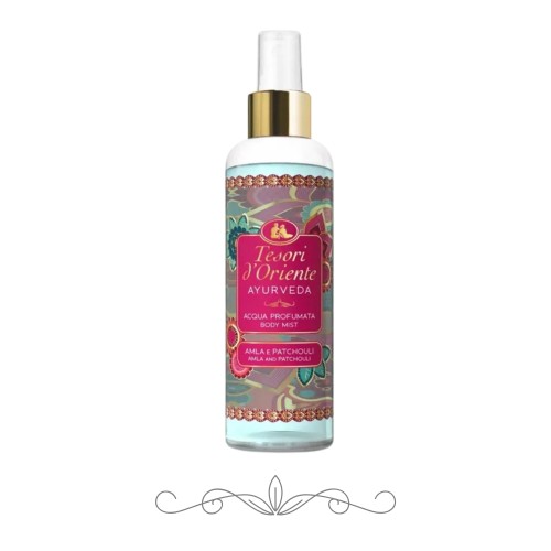 Tesori d'Oriente Ayurveda mgiełka do ciała Amla i Patchouli - butelka 200ml z rozpylaczem i złotym korkiem, widok frontalny na białym tle.