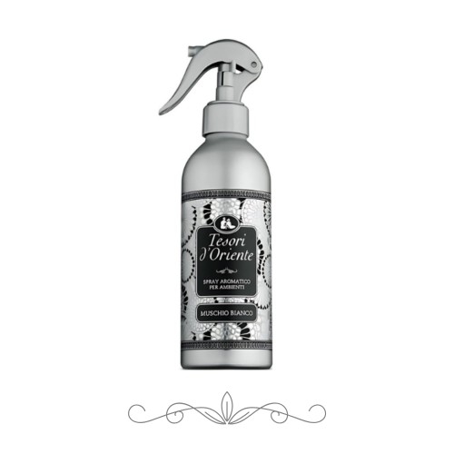 Tesori d'Oriente Muschio Bianco spray aromatyczny - butelka 250 ml z atomizerem, widok frontalny na białym tle.