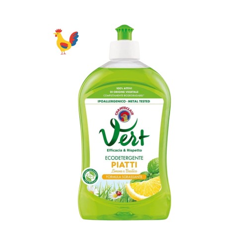 Chante Clair Vert ecodetergente do naczyń 500 ml Limone e Basilico - zielona butelka z białą etykietą, widok z przodu na białym tle z ilustracją koguta.
