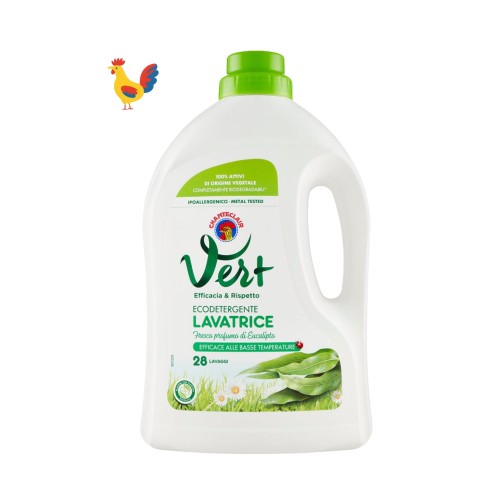 Chante Clair Vert ekodetergent do prania o zapachu eukaliptusa 1428 ml - butelka z zieloną nakrętką, widok z przodu na białym tle z ikoną koguta.