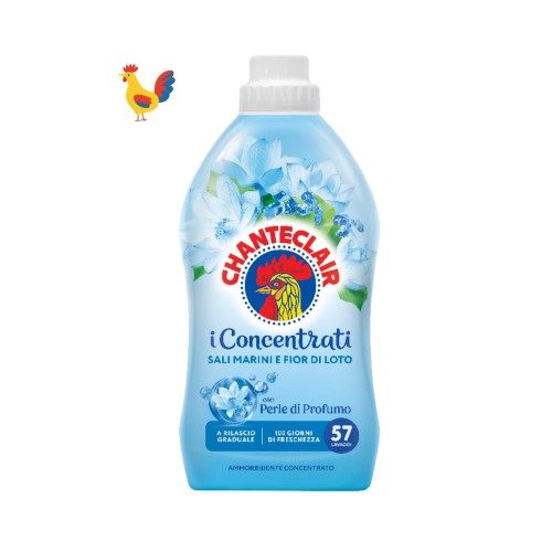 Chanteclair płyn do płukania i-Concentrati sól morska i kwiat lotosu 1140 ml - butelka z białym korkiem na białym tle, obok żółty kogut.