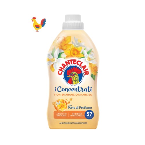 Chanteclair i Concentrati płyn do płukania Fiori di Arancio e Narciso 1140 ml - butelka z białym korkiem na białym tle z czerwonym kogutem na etykiecie.