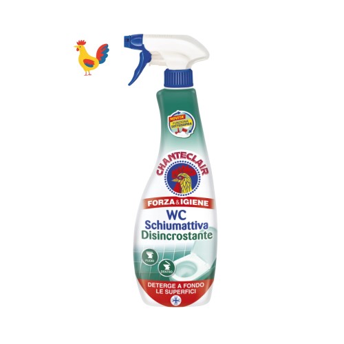 Chanteclair odkamieniacz do toalet WC Schiumattiva Disincrostante w sprayu 625 ml - butelka z rozpylaczem, widok frontalny z logo koguta i ikoną kurczaka po lewej stronie.