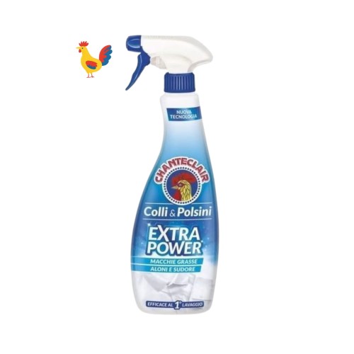 Chante Clair odplamiacz Extra Power do mankietów i kołnierzyków 500 ml - butelka ze sprayem, widok z przodu na białym tle z ilustracją koguta.