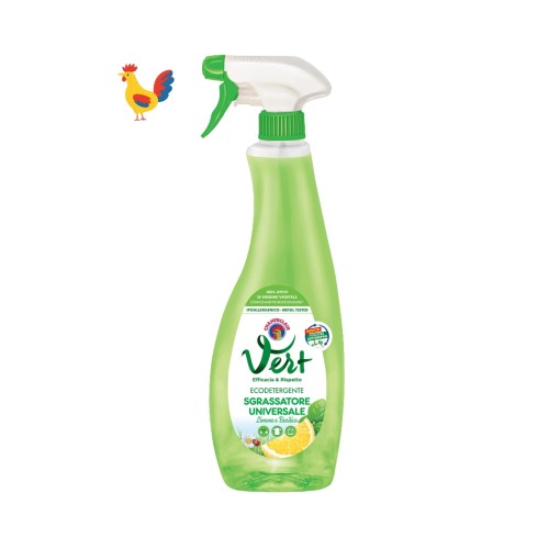Chante Clair Vert odtłuszczacz uniwersalny Cytryna i Bazylia spray 600 ml - butelka z zieloną etykietą i pompką natryskową, widok z przodu na białym tle.