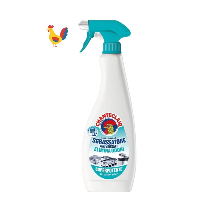 Chante Clair odtłuszczacz uniwersalny elimina odori spray 600 ml - biała butelka z turkusowym rozpylaczem, widok z przodu na białym tle z ilustracją koguta.