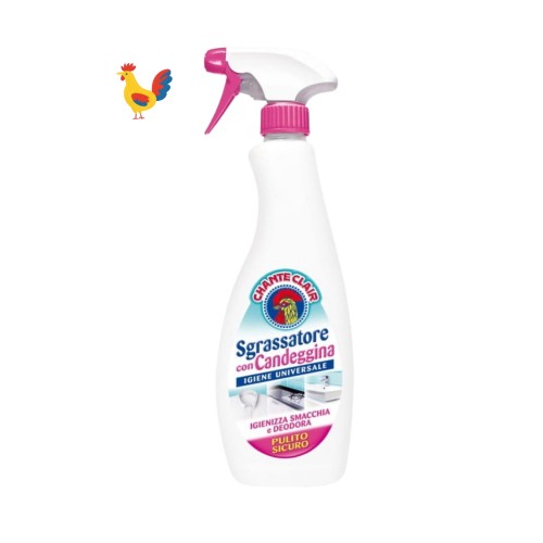 Chante Clair Sgrassatore con Candeggina spray 625 ml - butelka z różowym atomizerem, widok frontalny na białym tle z ilustracją kogutem w lewym górnym rogu.