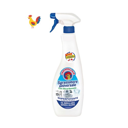 Chante Clair odtłuszczacz uniwersalny Sgraffatore z bicarbonato spray 600 ml - biała butelka z niebieskim rozpylaczem, widok frontalny z etykietą oraz ilustracją koguta.