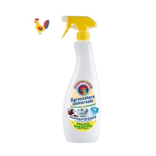 Chante Clair odtłuszczacz uniwersalny Cytryna spray 600 ml - butelka z żółtym atomizerem, widok z przodu z logo marki i rooster, na białym tle.