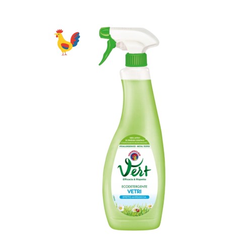 Chante Clair Vert ecodtergente do szyb 625 ml - butelka ze sprayem, zielona, na białym tle z ikoną kurczaka.