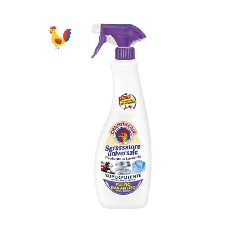 Chante Clair odtłuszczacz uniwersalny Lavanda spray 600 ml - butelka z fioletowym rozpylaczem, widok frontalny z kogutem na etykiecie i logiem marki, obok ilustracja żółtego koguta.