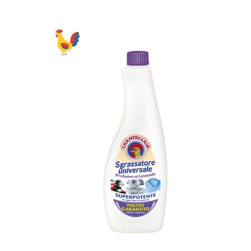 Chante Clair odtłuszczacz uniwersalny Lavanda 600 ml - butelka z purpurowym korkiem, widok z przodu na białym tle z kogutem w lewym górnym rogu
