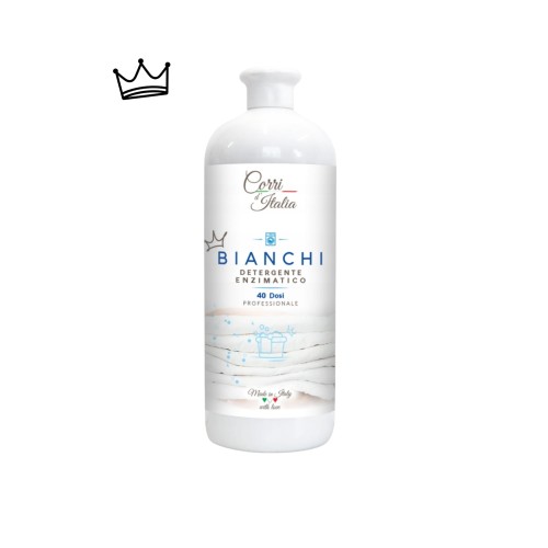 Corri d'Italia BIANCHI detergent do prania odzieży białej 1000 ml - butelka z białą etykietą, widok z przodu na białym tle z ikoną korony.