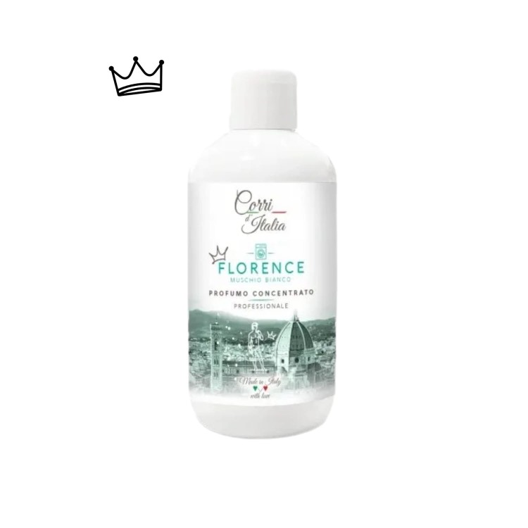 Corri d'Italia Florence perfumy do prania skoncentrowany olejek zapachowy 250ml - biała butelka z etykietą widokiem Florencji, widok z przodu.