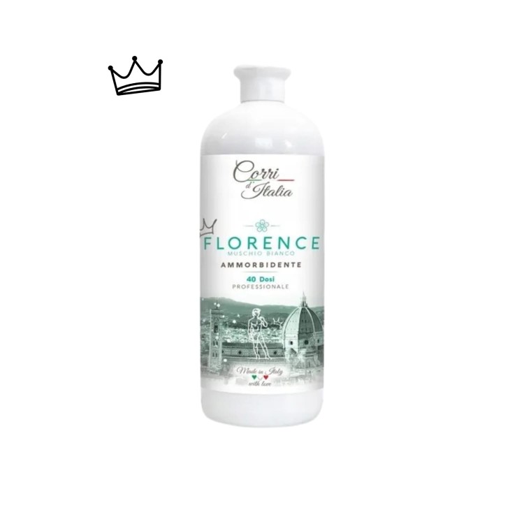 Corri d'Italia płyn do płukania Florence Ammorbidente 1000 ml - butelka białą z etykietą, widok z przodu na białym tle z koroną w lewym górnym rogu.