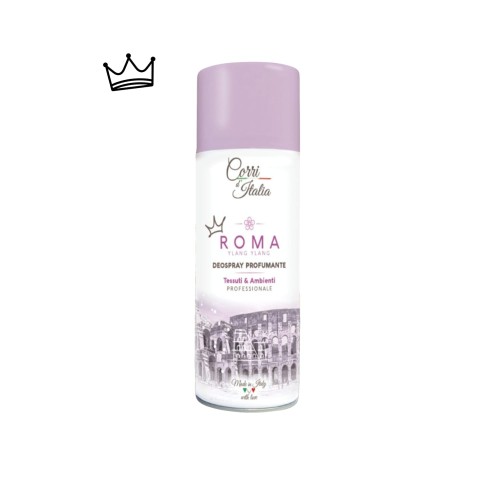 Corri Italia Roma Ylang Ylang deospray profumante 400 ml - aerozol w sprayu, fioletowa i biała butelka, widok z przodu na białym tle.
