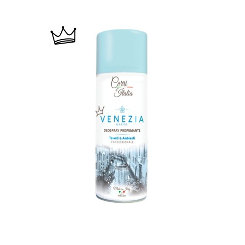 Corri d'Italia Venezia Marine deospray perfumowany do tkanin i pomieszczeń 400ml - widok frontalny opakowania z niebieskim wieczkiem