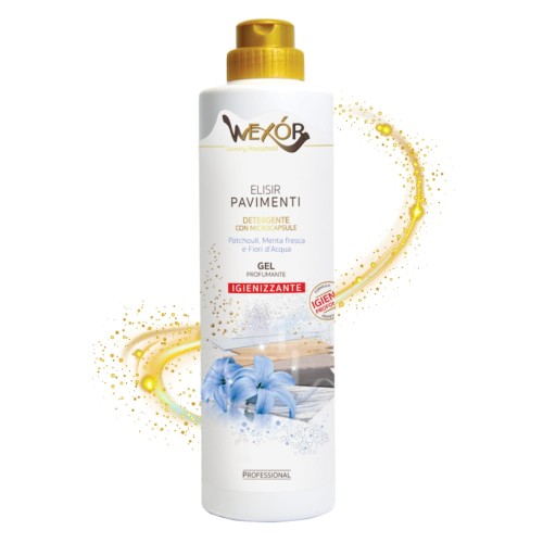 Wexor Elisir Pavimenti Detergente Gel do podłóg Fiori d'Acqua 750 ml - biała butelka z złotym korkiem, widok z przodu na białym tle.