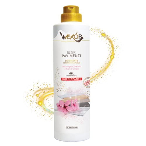 Wexor płyn do podłóg Elisir Pavimenti Armonia Rosa 750 ml - biała butelka z żółtym korkiem, z animacją złotych cząstek i różowym kwiatem na etykiecie.
