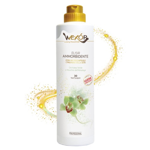 Wexor Flusir Ammorbidente płyn do płukania Green Himalaya 750 ml - butelka z atomizerem na białym tle z efektem rozprysku złotych cząstek.