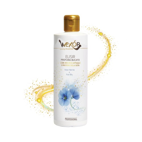 Wexor Elisir perfuma do prania Fiori Blu 200 ml - butelka z białą etykietą i złotym korkiem, ze złotymi mikrokapsułami i niebieskimi kwiatami, z efektem rozprysku żółtej cieczy po bokach.