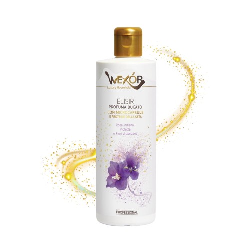 Wexor perfumy do prania Purple Harmony 200 ml - butelka z białą etykietą i złotym korkiem, z efektem rozpryskującego się żółtego i purpurowego płynu wokół opakowania.
