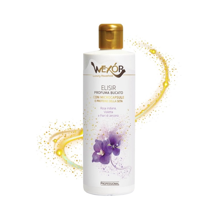 Wexor perfumy do prania Purple Harmony 200 ml - butelka z białą etykietą i złotym korkiem, z efektem rozpryskującego się żółtego i purpurowego płynu wokół opakowania.