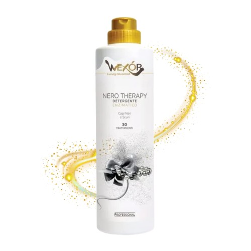 Wexor Nero Therapy detergent do prania 750 ml - butelka z żółtym korkiem na białym tle z efektem złotych cząstek.