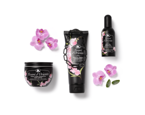 TESORI d'Oriente żel pod prysznic Orchidea - zestaw trzech produktów z orchideami, widok kompletnej kolekcji kosmetycznej.