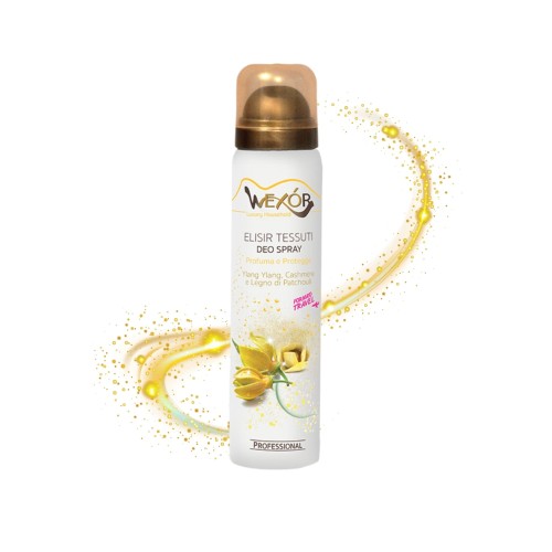 Wexor spray do tkanin Elisir Tessuti Yellow Cashmere 100ml - biała butelka z miedzianym rozpylaczem, otoczona złotymi cząsteczkami i falami zapachu.