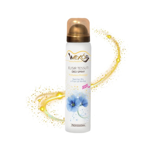 Wexor Elisir Tessuti Deo Spray Narciso Blu 100 ml - biała butelka z miedzianym rozpylaczem, otoczona efektami złotych i niebieskich cząstek, z niebieskimi kwiatami na etykiecie.