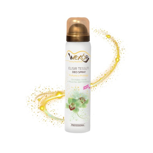 Wexor spray do tkanin Elisir Tessuti Orchidea Verde - biała butelka z miedzianym rozpylaczem, z efektami żółtych iskierek i rozpylającą się mgłą obok.